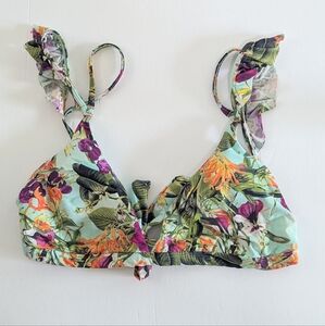 Pilyq Flora Ruffle Strap Triangle Bikini Top Tie Back Floral Print D 14/16